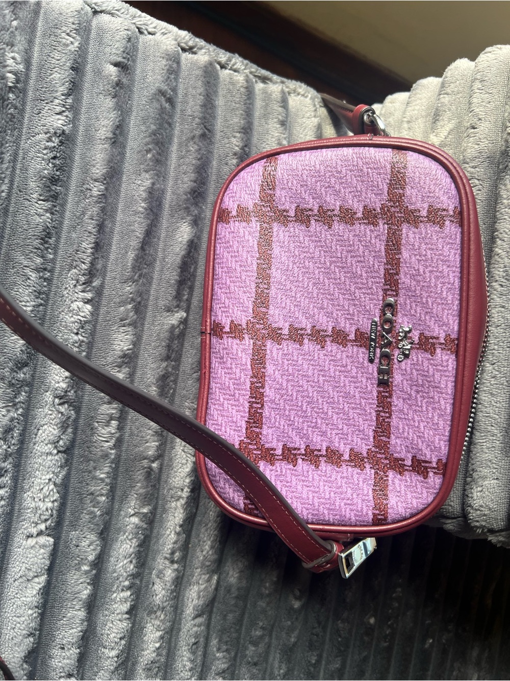 Coach Pink Plaid Crossbody with Burgundy Trim